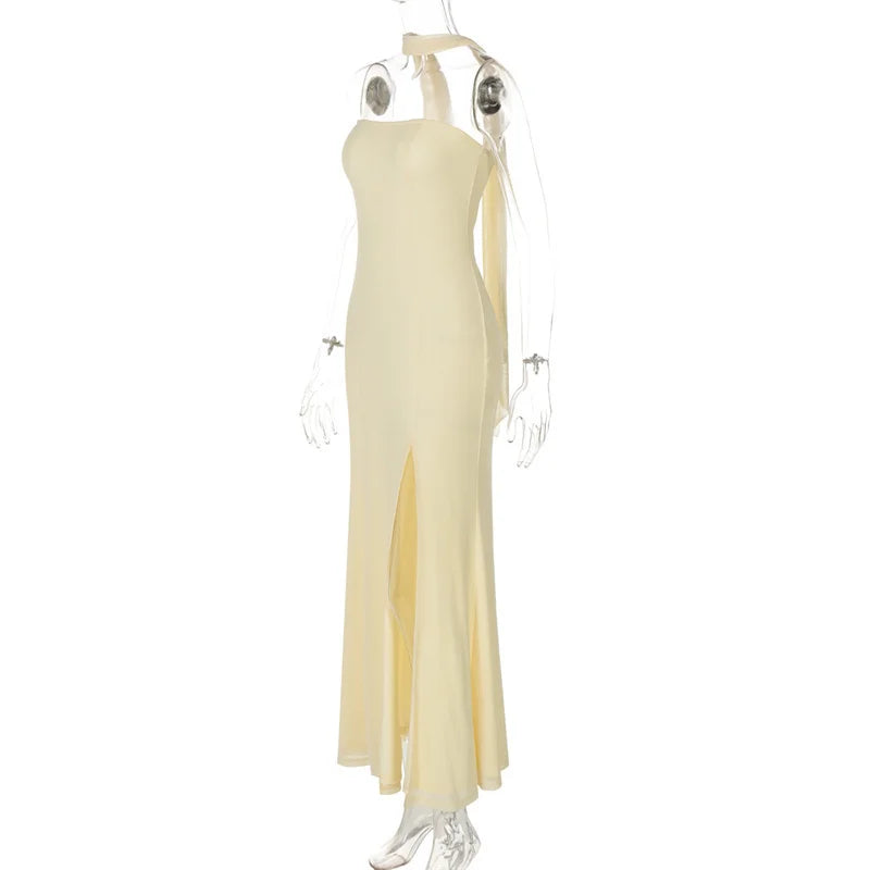 שמלת מקסי סטרפלס אלגנטית בעיצוב שסע בעיטור צעיף תואם - לוס