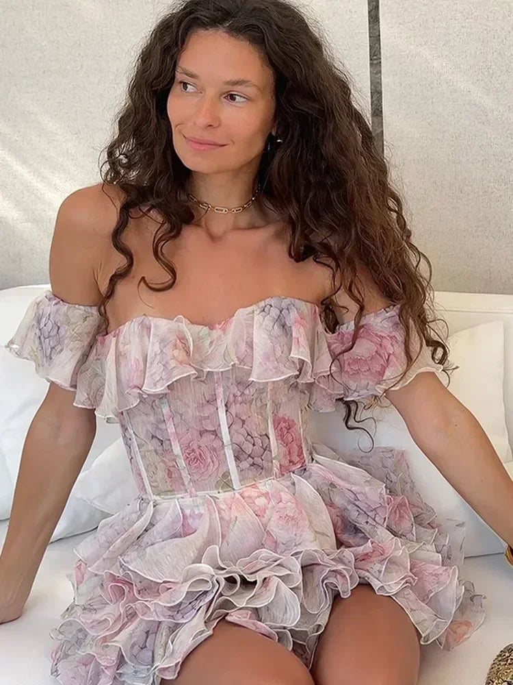 שמלת מיני מלמלה כתפיים חשופות בעיצוב פרחוני - ליסה