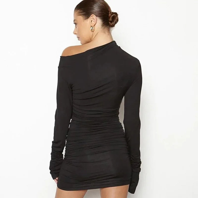 שמלת מיני כיווצים שרוול ארוך צוואר אסימטרי - לונר