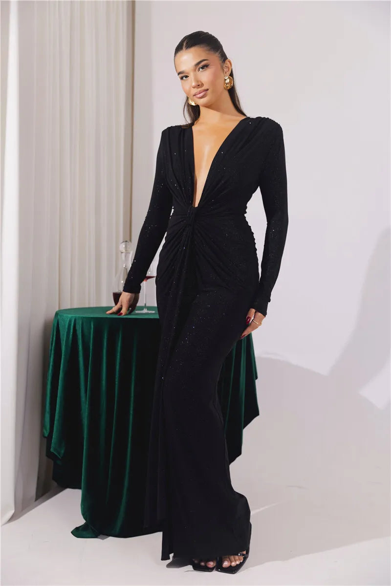 שמלת מקסי נצנצים בעיצוב כיווצים מחשוף V עמוק - אריקה