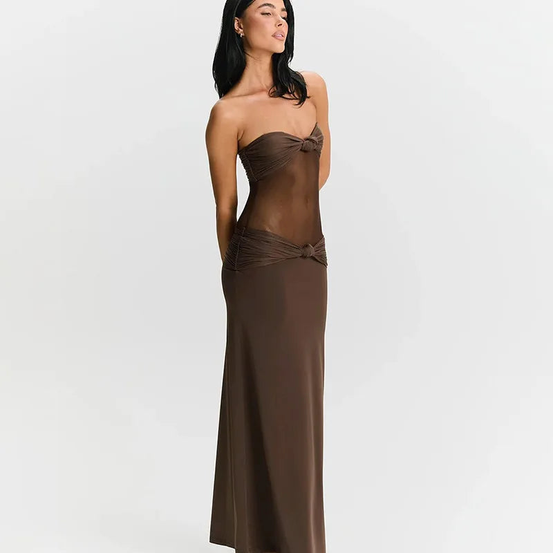 שמלת מקסי כתפיות נשלפות בעיצוב כיווצים ורשת - Blair