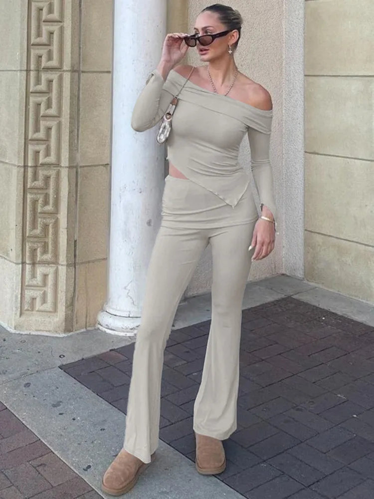 חליפת שני חלקים סרוגה חולצת כתפיים חשופות בגזרה אסימטרית ומכנסיים ארוכים - ROZIE