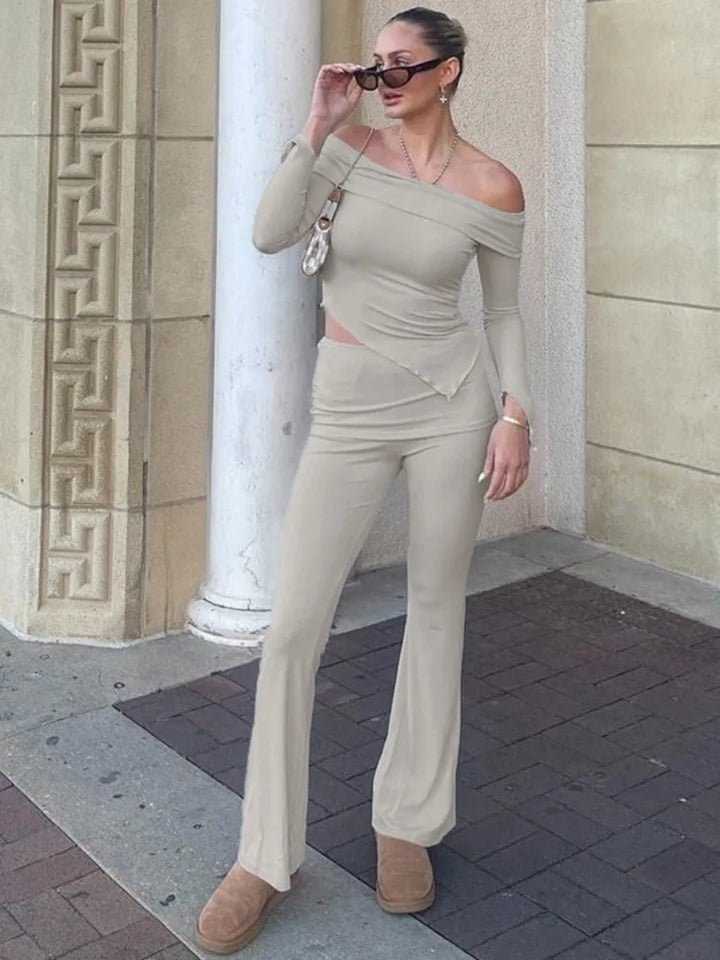 חליפת שני חלקים סרוגה חולצת כתפיים חשופות בגזרה אסימטרית ומכנסיים ארוכים - ROZIE