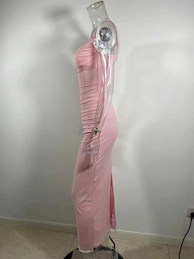 שמלת מקסי שיפון צמודה בעיטור תחרה - רוזי