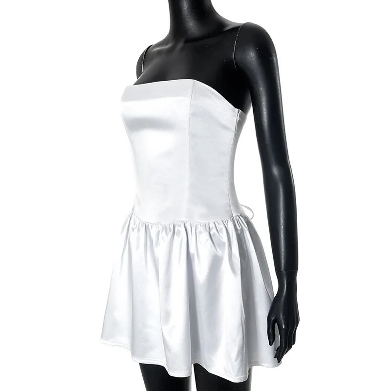 שמלת מיני סטרפלס סאטן קשירות בגב - מילי