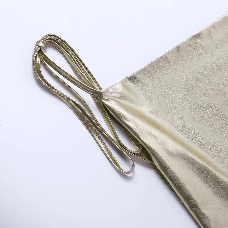 שמלת מקסי בגוון ברונזה מטאלי בעיצוב קשירה בכתפיות גב פתוח - ננסי