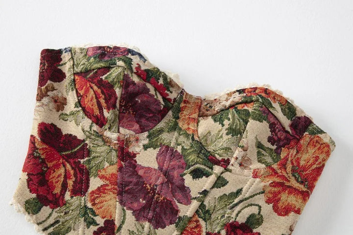 Strapless corset with tie-back in vintage floral design