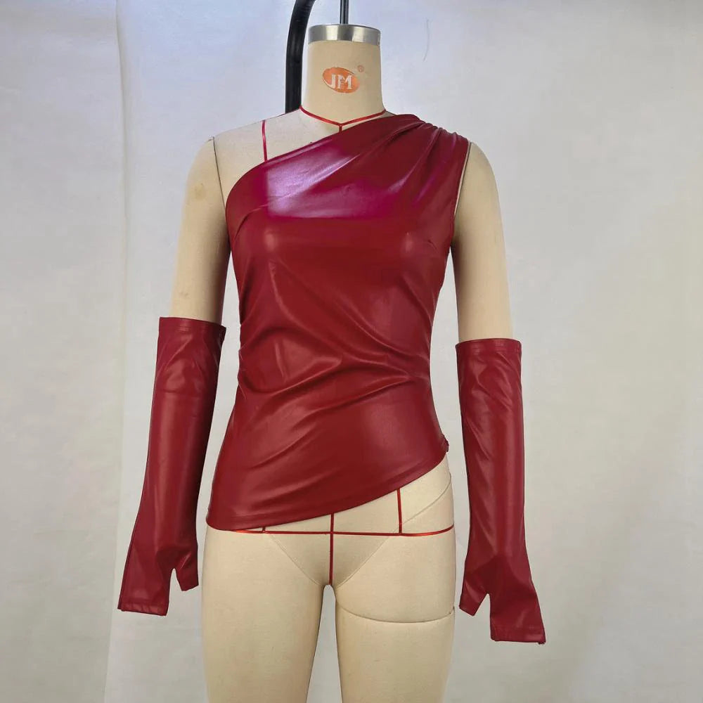 One-shoulder faux leather top with matching gloves - Sol