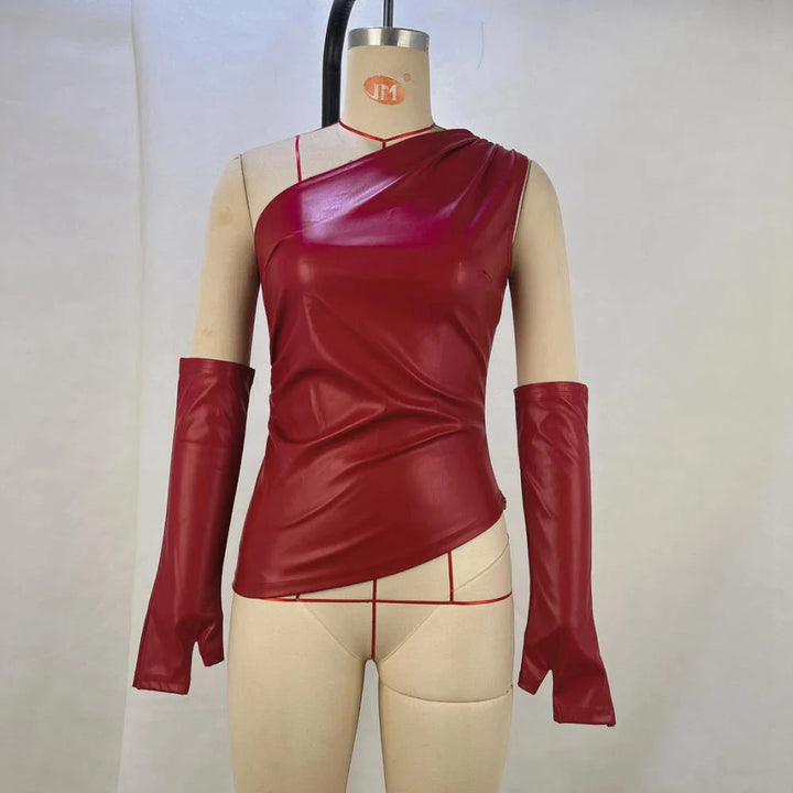 One-shoulder faux leather top with matching gloves - Sol