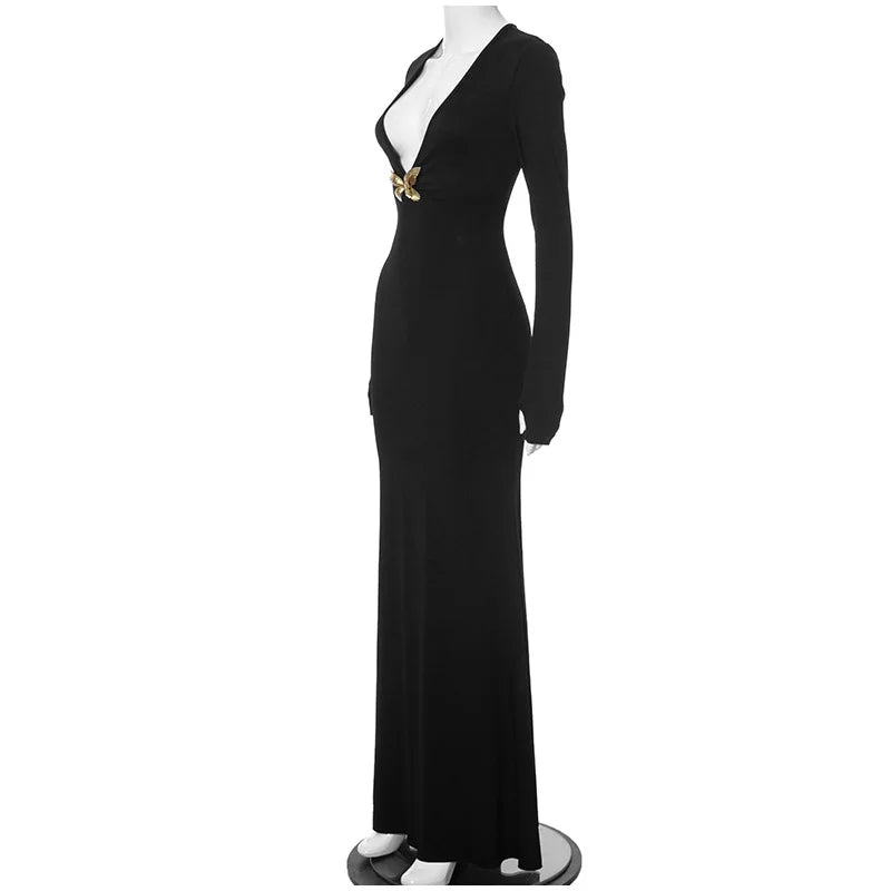 שמלת מקסי מחשוף V עמוק בעיטור פרפר זהב - מריפוסה