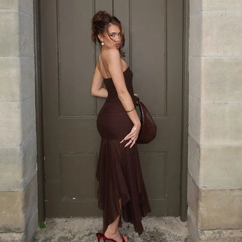 שמלת מקסי סטרפלס בעיטור שיפון - סיסיליה