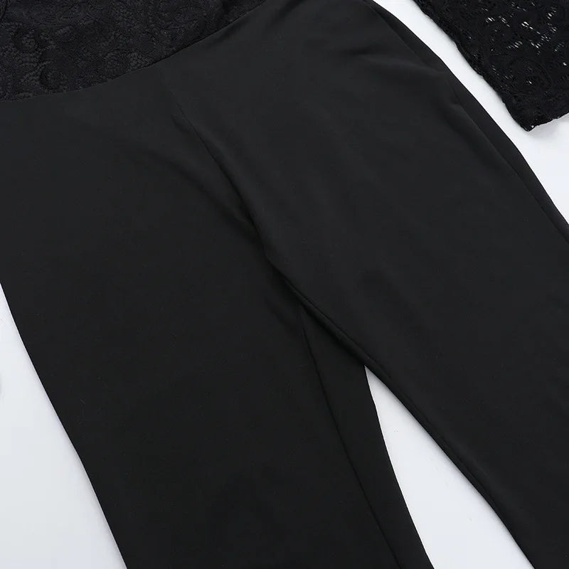 אוברול חלק עליון תחרה מכנס בד מחוטב בעיצוב גב פתוח - Viviana