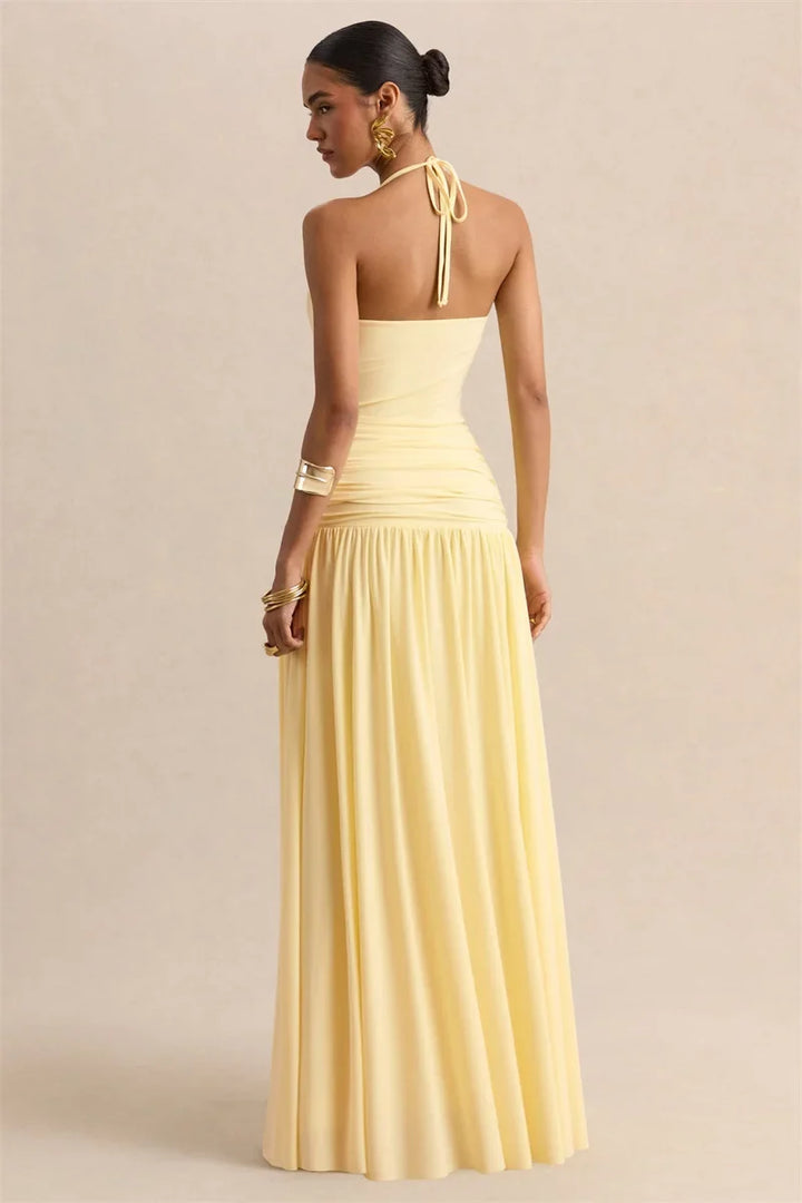 Pleated maxi dress with a neck tie and open back - Tuval