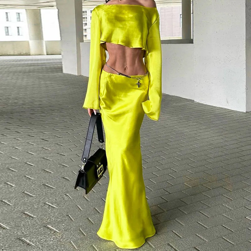 סט סאטן שני חלקים חולצה וחצאית מקסי - דניאלה