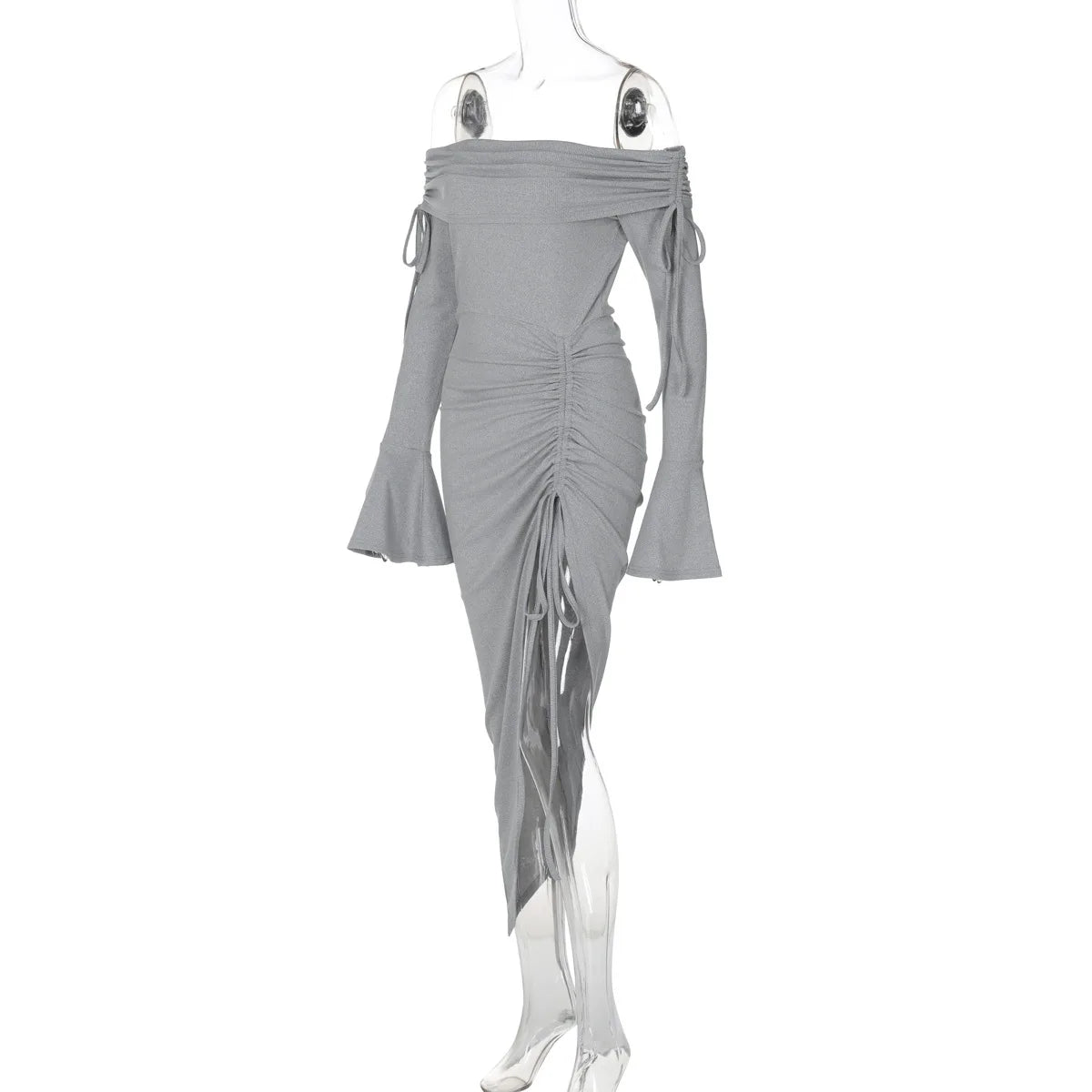 שמלת מקסי כתפיים חשופות בעיצוב שסע כיווצים בעיטור שרוכי קשירה - Aisha