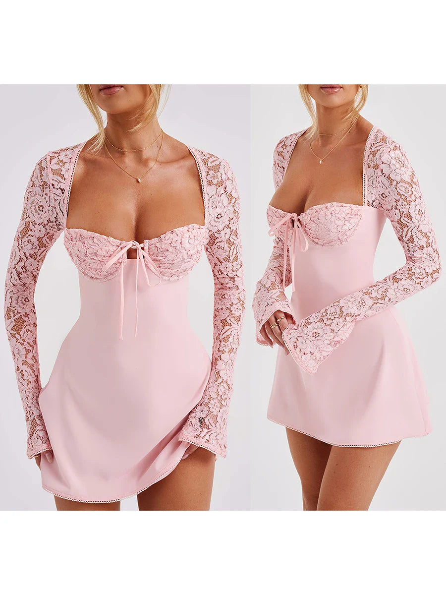 שמלת מיני בגזרת A  קשירות בגב בעיטור תחרה - לוטם