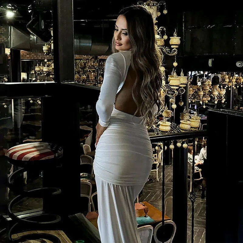 שמלת מקסי צווארון גולף גב פתוח בעיטור כיווצים - אילאיל