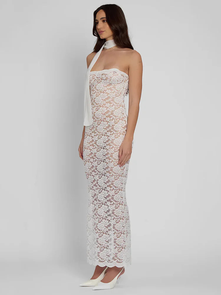 שמלת מקסי סטרפלס תחרה בעיטור צעיף תואם - MOON