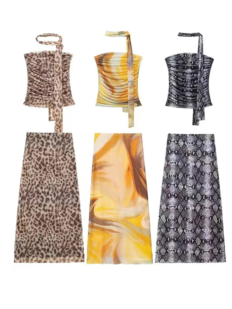 סט שיפון שני חלקים טופ סטרפלס וחצאית מידי בעיטור צעיף תואם - לירי