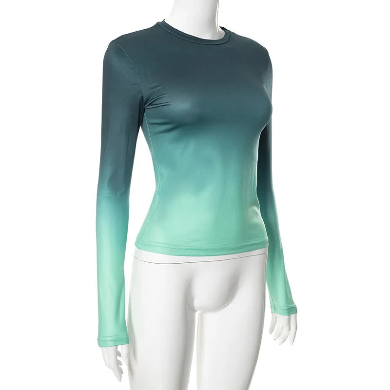 חולצת סתיו דקה שרוולים ארוכים בעיצוב אומברה צבעים - סייאנה