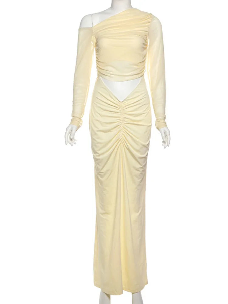 שמלת מקסי כיווצים בעיצוב פתח ושרוולי רשת כתפיים חשופות - אורה