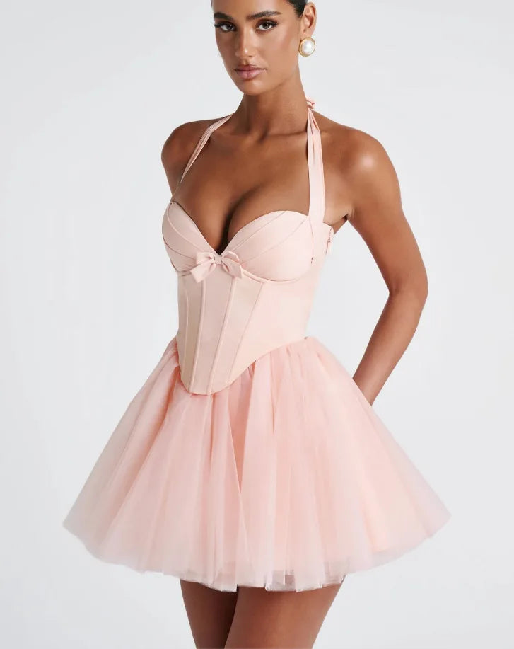 שמלת מיני בלרינה בגזרת A בעיצוב מחוך וטול גב פתוח - מימי