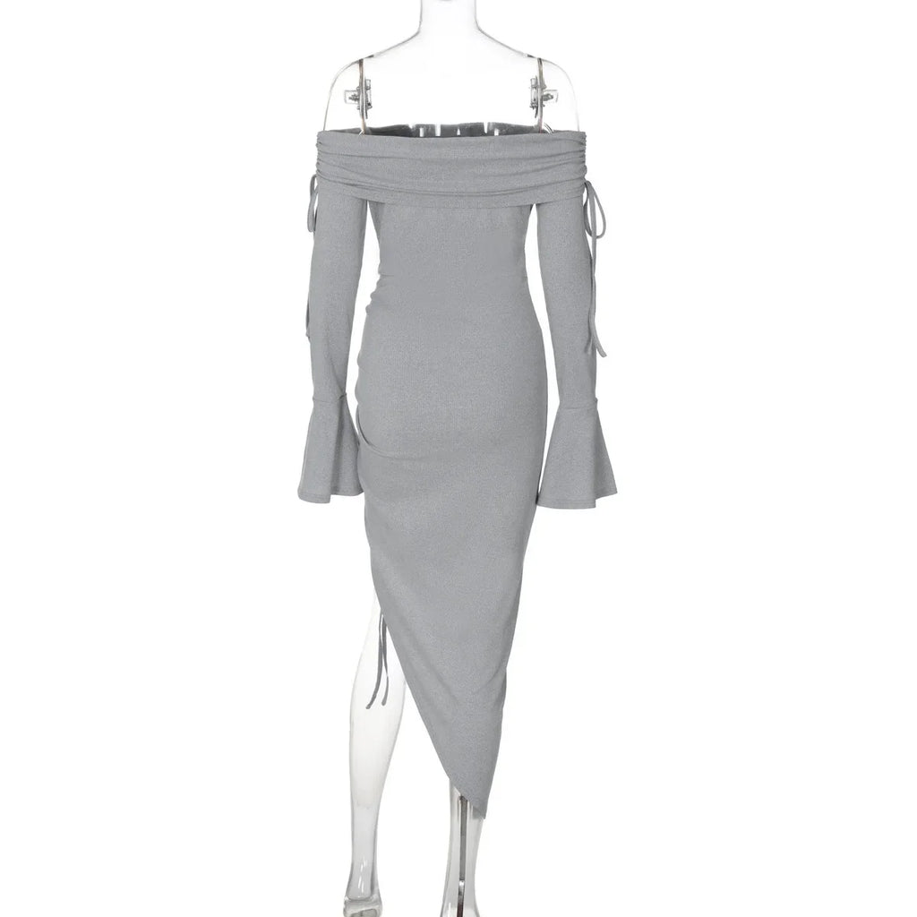 שמלת מקסי כתפיים חשופות בעיצוב שסע כיווצים בעיטור שרוכי קשירה - Aisha