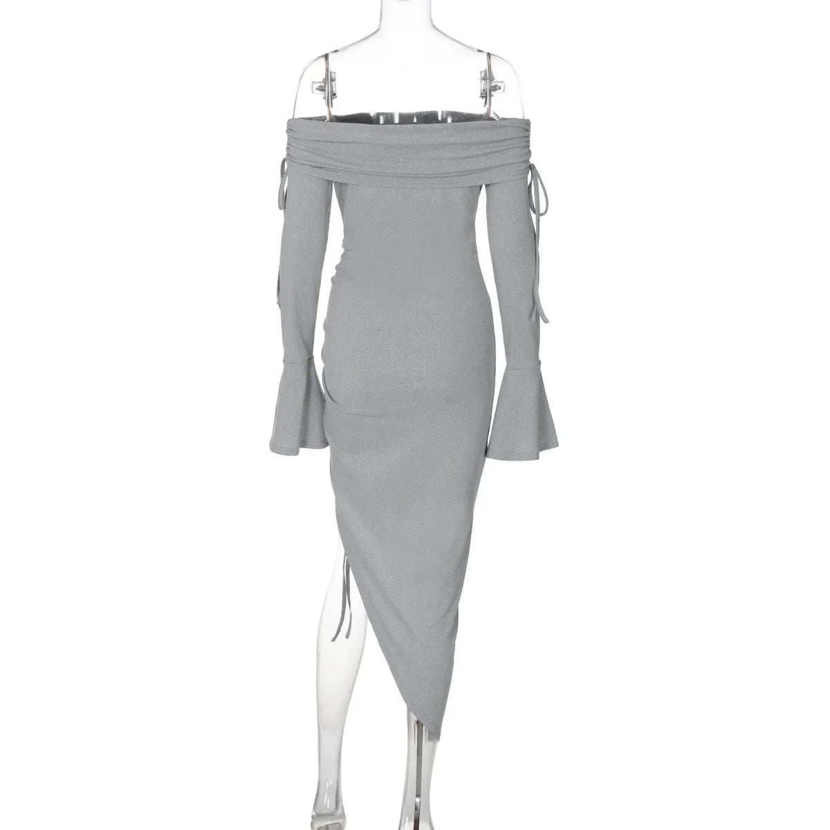 שמלת מקסי כתפיים חשופות בעיצוב שסע כיווצים בעיטור שרוכי קשירה - Aisha