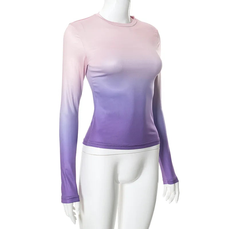 חולצת סתיו דקה שרוולים ארוכים בעיצוב אומברה צבעים - סייאנה