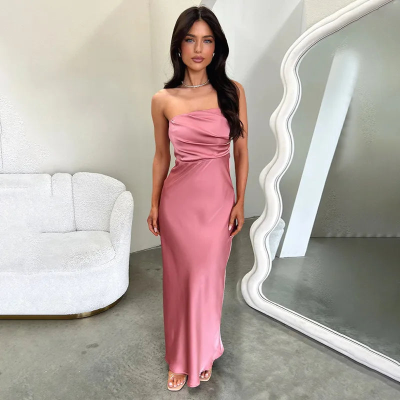 שמלת מקסי סטרפלס סאטן בעיצוב קיפולים - רוזה