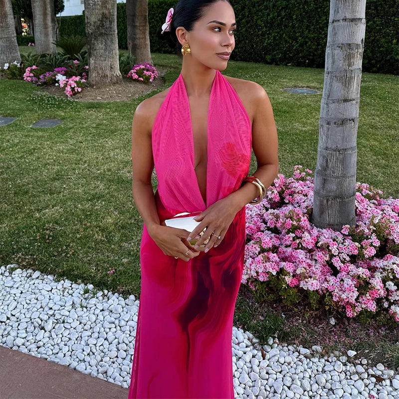 שמלת מקסי מחשוף עמוק צווארון נופל - פולה