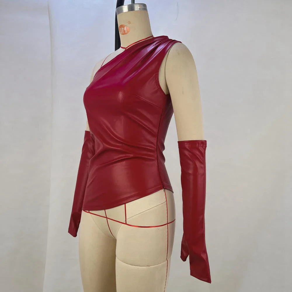 טופ דמוי עור כתפייה אחת בעיטור כפפות תואמות - סול