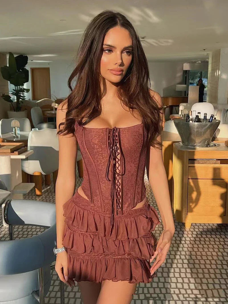 סט שני חלקים טופ מחוך קשירות וחצאית מלמלה מדורגת סטייל וינטג' - סורנטו