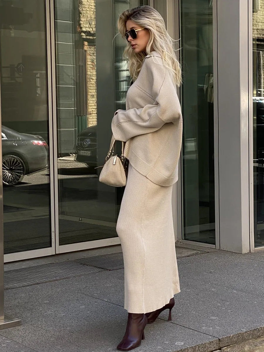 חליפת שני חלקים loose סרוגה חצאית מקסי וחולצה - שילב