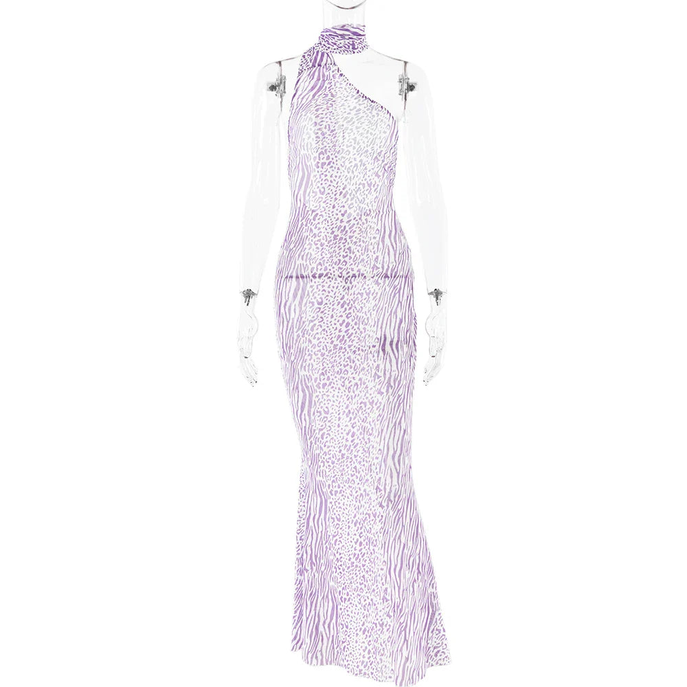 שמלת מקסי רשת מנומרת גב פתוח קשירה בצוואר - Jessica