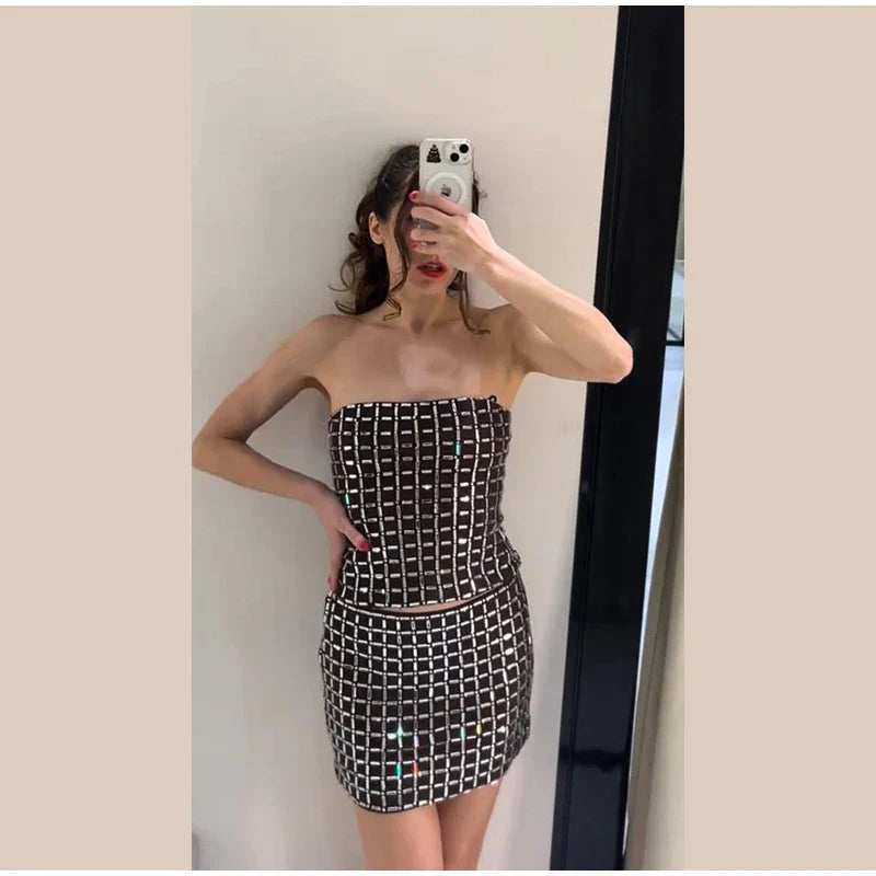 Strapless top/mini skirt/maxi dress/maxi dress with sparkling rhinestones