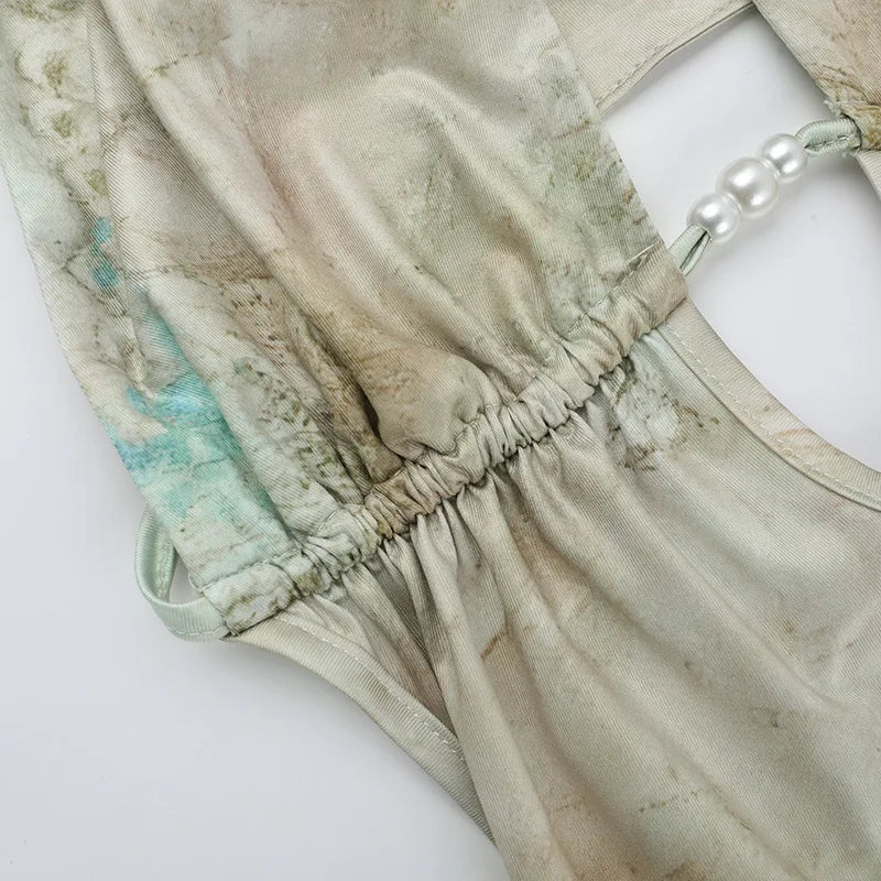 שמלת מקסי קולר בהדפס מיוחד גב פתוח - אורן