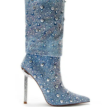 Denim pointed-toe boots with glittering rhinestones - Isabelle