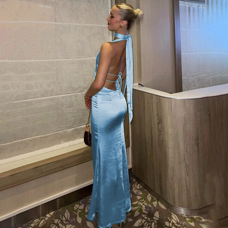 שמלת סאטן מחשוף עמוק קשירה בצוואר - פאולינה