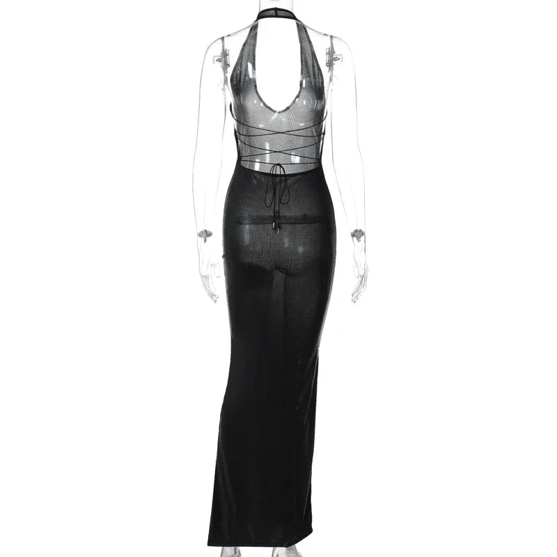 שמלת מקסי פייטים צמודה סגירה בצוואר קשירות בגב - סול