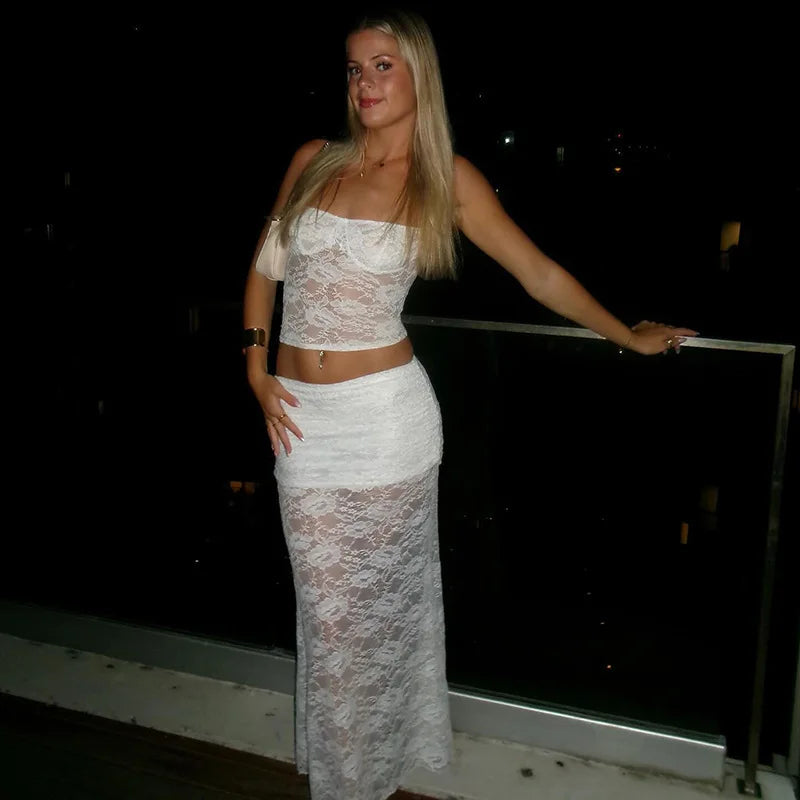 סט תחרה שני חלקים טופ גופיה קשירות בגב וחצאית מקסי - רייצ'ל