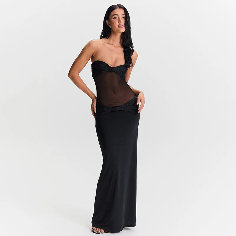 שמלת מקסי כתפיות נשלפות בעיצוב כיווצים ורשת - Blair