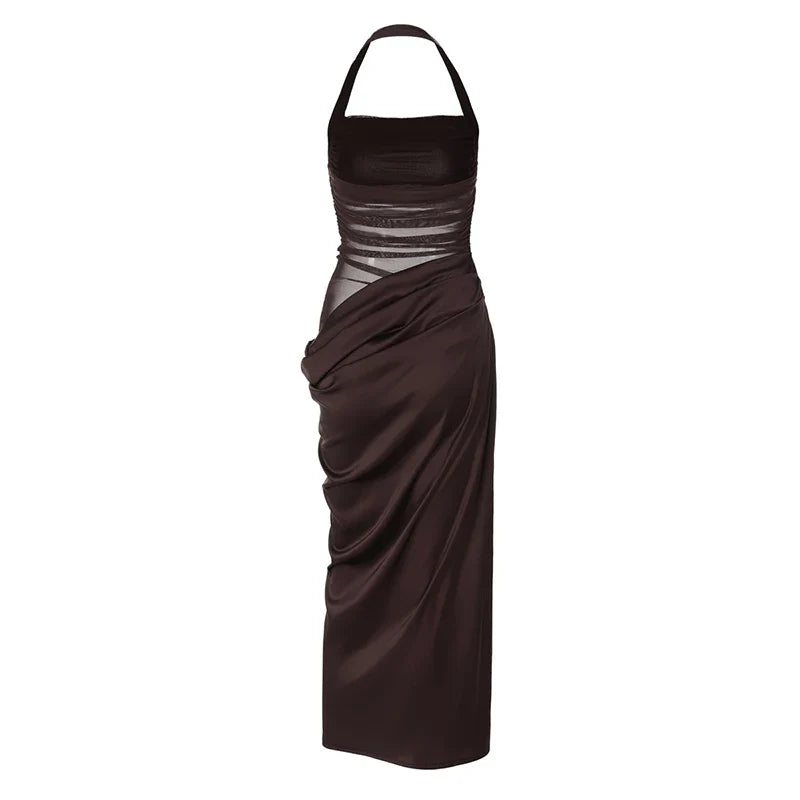 שמלת מקסי סאטן כיווצים בעיצוב רשת בחלק העליון גב פתוח - Arya