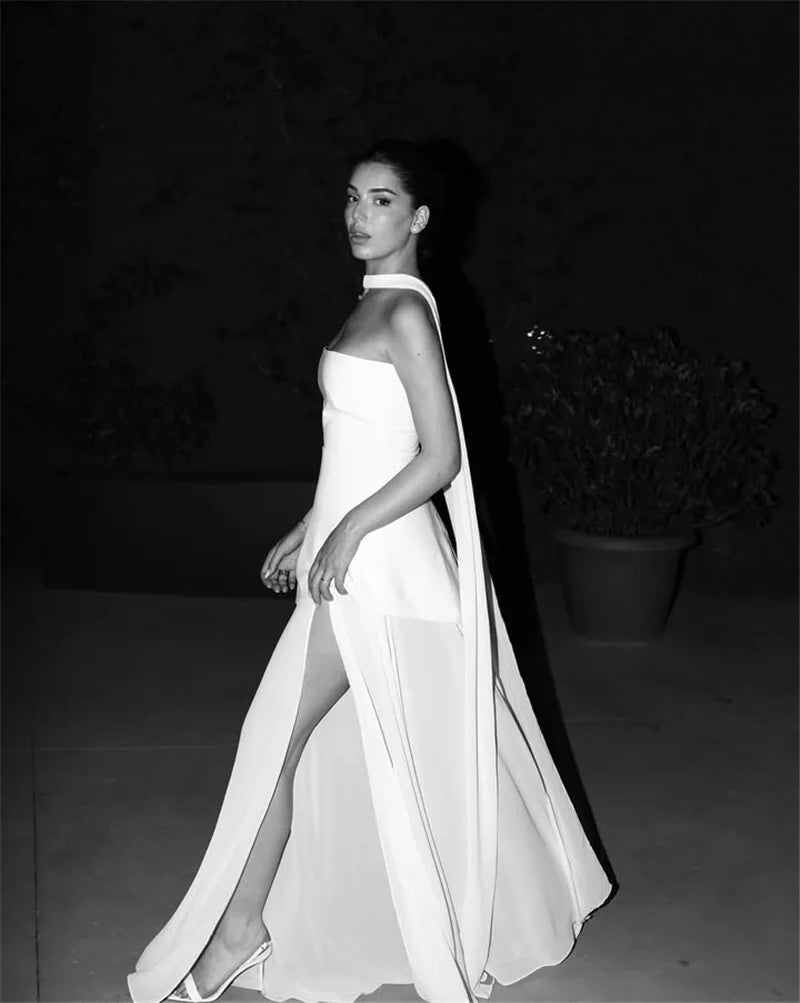 שמלת מקסי סטרפלס חלק תחתון שיפון בעיצוב שסע בעיטור צעיף תואם - Princess