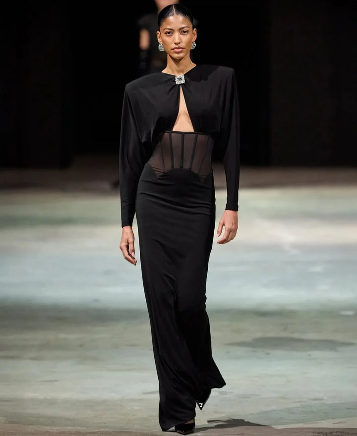 Maxi dress with a slit design and a mesh bodice with a diamond buckle - AMOR