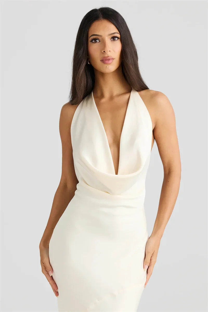 שמלת מקסי סאטן גב פתוח צווארון נופל - פאולה