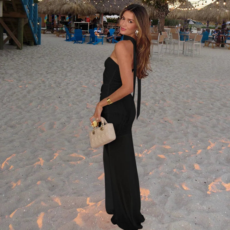 שמלת מקסי סטרפלס כיווצים בעיצוב פתח ורשת בעיטור אבזם וצעיף תואם - טולום