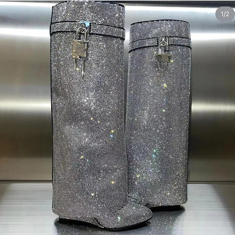 High heel boots with glittering rhinestones and a lock - Bailey