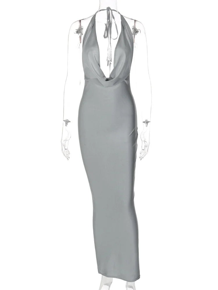 שמלת מקסי סאטן צווארון נופל גב פתוח - HOTIE