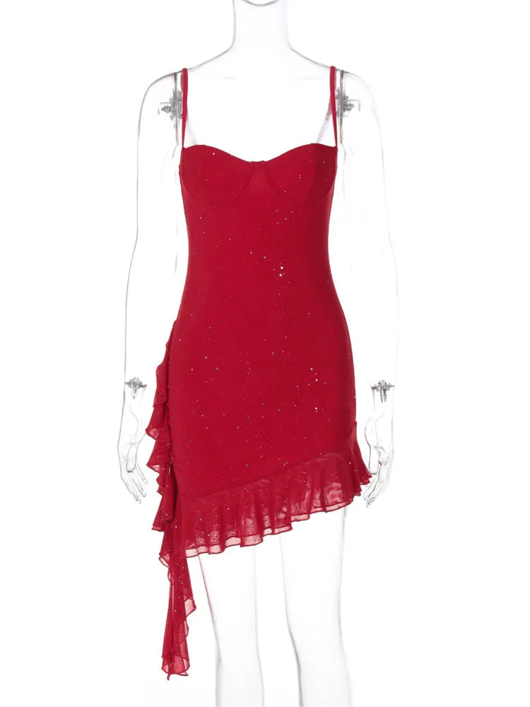 שמלת מיני נצנצים בעיצוב אסימטרי בעיטור מלמלה - קסם